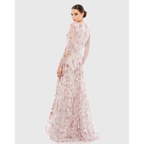 Mac Duggal Embellished V Neck Illusion Long Sleeve A Line Gown in Rose Size 12 - Picture 3 of 12
